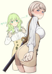 Rule 34 | 2girls, ass, blue eyes, blush, blush stickers, breasts, brown skirt, byleth (female) (fire emblem), byleth (fire emblem), closed mouth, commentary, cowboy shot, cropped legs, earrings, embarrassed, enlightened byleth (female), fire emblem, fire emblem: three houses, from behind, furrowed brow, garreg mach monastery uniform, green eyes, green hair, high-waist skirt, jewelry, leaning forward, light brown hair, long sleeves, looking back, looking down, medium breasts, mercedes von martritz, multiple girls, neckerchief, nintendo, official alternate costume, pencil skirt, shirt, shirt tucked in, shishima eichi, short hair, simple background, skirt, solo focus, standing, sweatdrop, thumbs up, translated, white neckerchief, white shirt, yellow background, yuri