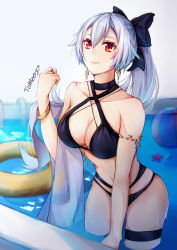 Rule 34 | 1girl, absurdres, alternate costume, armlet, bikini, black bikini, black bow, bow, bracelet, breasts, cleavage, criss-cross halter, earrings, fate/grand order, fate (series), hair between eyes, hair bow, halterneck, highres, innertube, jewelry, large breasts, long hair, looking at viewer, partially submerged, ponytail, pool, red eyes, ring, signature, silver hair, smile, solo, standing, swim ring, swimsuit, thigh strap, tomoe0812y, tomoe gozen (fate), tomoe gozen (swimsuit saber) (fate), very long hair, water, wet