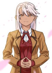 Rule 34 | 19 chisinlo, 1girl, absurdres, aged up, breasts, brown jacket, buttoned cuffs, buttons, chloe von einzbern, collared shirt, dark-skinned female, dark skin, dress shirt, fate/kaleid liner prisma illya, fate (series), hair between eyes, highres, jacket, long hair, long sleeves, looking at viewer, neck ribbon, open clothes, open jacket, orange eyes, petals, pink hair, red sweater, ribbon, school uniform, shirt, sidelocks, small breasts, smile, solo, sweater, white shirt