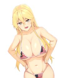 Rule 34 | 1girl, ahoge, american flag bikini, bikini, blonde hair, blue eyes, breasts, collarbone, commentary request, flag print, hair between eyes, hands on own hips, huge breasts, iowa (kancolle), kantai collection, long hair, lower teeth only, masou, micro bikini, narrow waist, open mouth, simple background, solo, star-shaped pupils, star (symbol), swept bangs, swimsuit, symbol-shaped pupils, teeth, white background
