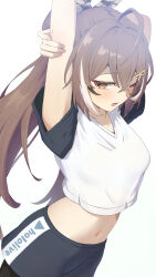 Rule 34 | 1girl, ahoge, alternate costume, black hair, black pantyhose, black shorts, blush, breasts, brown eyes, brown hair, chahanramen, copyright name, cropped shirt, feather hair ornament, feathers, hair ornament, hairpin, highres, hololive, hololive english, long hair, looking at viewer, medium breasts, multicolored hair, nanashi mumei, navel, one eye closed, open mouth, pantyhose, ponytail, shirt, shorts, streaked hair, stretching, virtual youtuber, white background, white hair, white shirt