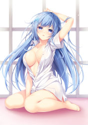 Rule 34 | 1girl, absurdres, arm up, between legs, blue eyes, blue hair, blurry, blush, bottomless, breasts, collarbone, collared shirt, commentary request, day, emori miku, hair ornament, hair ribbon, hairclip, hand between legs, heart, highres, indoors, large breasts, liver city, long hair, looking at viewer, nametakenoko, panties, partially unbuttoned, ribbon, shirt, short sleeves, sidelocks, sitting, smile, solo, stomach, striped clothes, striped panties, underwear, very long hair, wariza, white shirt, window