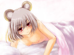Rule 34 | 1girl, animal ears, bad id, bad pixiv id, bed, bed sheet, breasts, female focus, grey hair, looking at viewer, mouse ears, naked sheet, nazrin, nipples, on bed, pov across bed, red eyes, small breasts, smile, solo, soratsuki kakeru, touhou, under covers