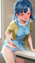 1girl absurdres asymmetrical_bangs belt blue_belt blue_dress blue_hair blue_panties blush bow bow_panties braid breasts buttons clothes_lift covered_erect_nipples crotch_rub crown_braid dress dress_lift female_masturbation full-face_blush hand_on_own_stomach heart highres idolmaster idolmaster_million_live! indoors jacket leaning_forward leaning_on_table lifting_own_clothes masturbation masturbation_through_clothes medium_breasts nanao_yuriko open_clothes open_jacket open_mouth panties pussy_juice pussy_juice_drip_through_clothes pussy_juice_stain short_sleeves solo spoken_heart straight_hair striped_clothes striped_panties sweat table table_humping tearing_up teeth tongue tongue_out toritori_miri underwear upper_teeth_only yellow_eyes yellow_jacket