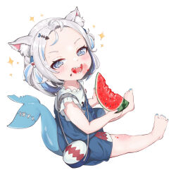 Rule 34 | 1girl, :d, aged down, animal ear fluff, animal ears, bag, bare legs, barefoot, blue eyes, blue hair, blue nails, blue skirt, blush, cat ears, child, commentary, eating, fins, fish bone, fish tail, food, food on face, from side, fruit, full body, gawr gura, gawr gura (casual), gning503, grey hair, hair ornament, handbag, highres, holding, holding food, hololive, hololive english, looking at viewer, multicolored hair, nail polish, open mouth, shark girl, shark hair ornament, shark tail, sharp teeth, shirt, short sleeves, sitting, skirt, skirt set, smile, solo, sparkle, streaked hair, suspenders, tail, teeth, toenail polish, toenails, two side up, virtual youtuber, watermelon, white shirt