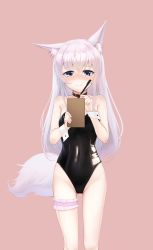 Rule 34 | 1girl, absurdres, animal ear fluff, animal ears, bare legs, bare shoulders, black leotard, blue eyes, blush, breasts, collar, covered navel, fox ears, fox girl, fox tail, groin, highleg, highleg leotard, highres, irochan, bridal garter, legs, leotard, long hair, notepad, original, pen, pink background, silver hair, simple background, small breasts, solo, strapless, strapless leotard, tail, tearing up, tears, thighs, wrist cuffs, writing