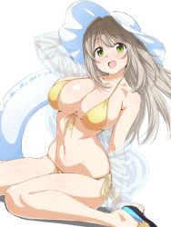 Rule 34 | 1girl, :d, bad id, bad twitter id, bikini, blue archive, blush, breasts, brown hair, cleavage, collarbone, flip-flops, front-tie bikini top, front-tie top, green eyes, hat, innertube, large breasts, light brown hair, loliconder, long hair, looking at viewer, navel, nonomi (blue archive), nonomi (swimsuit) (blue archive), open mouth, sandals, side-tie bikini bottom, simple background, sitting, smile, solo, sun hat, swim ring, swimsuit, wariza, white background, white hat, yellow bikini