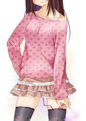 Rule 34 | 1girl, bad id, bad pixiv id, black thighhighs, brown hair, casual, hand on own hip, head out of frame, heart, heart print, long hair, long sleeves, looking at viewer, mvv, off shoulder, original, pink shirt, print shirt, sex toy, shirt, signature, skirt, solo, star (symbol), thighhighs, unmoving pattern, vibrator, vibrator under clothes, white background, zettai ryouiki