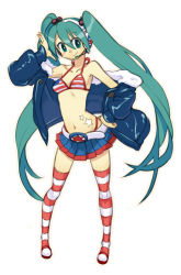 Rule 34 | 1girl, belt, bikini, bikini top only, female focus, full body, green eyes, green hair, hand on own hip, hatsune miku, headphones, headset, hip focus, jacket, long hair, matching hair/eyes, navel, pigeon-toed, simple background, skirt, smile, solo, star (symbol), striped clothes, striped thighhighs, swimsuit, thighhighs, touma rui, twintails, united states, very long hair, vocaloid, white background