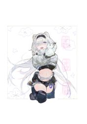 Rule 34 | 1girl, :d, animal ears, arknights, aurora (arknights), bear ears, belt, belt pouch, black gloves, black hairband, black shorts, black thighhighs, blue eyes, blush, breasts, crop top, cropped legs, eyes visible through hair, gloves, hair over one eye, hairband, high collar, highres, holding, infection monitor (arknights), large breasts, long hair, long sleeves, looking at viewer, navel, open mouth, outstretched arms, pipidan, pouch, short shorts, shorts, smile, snow sculpture, solo, sports bra, stomach, thighhighs, thighlet, very long hair, white background, white hair