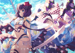 Rule 34 | 1girl, artist name, bare arms, bare shoulders, bikini, blue eyes, blurry, breasts, cleavage, cowboy shot, depth of field, fate/grand order, fate (series), floating hair, floral print, goggles, goggles on head, hair ornament, halterneck, halterneck, holding, holding sword, holding weapon, katana, katsushika hokusai (fate), katsushika hokusai (swimsuit saber) (fate), leg belt, long hair, looking at viewer, medium breasts, navel, purple hair, rosuuri, smile, solo, swimsuit, sword, v-shaped eyebrows, very long hair, weapon, white bikini, wide shot