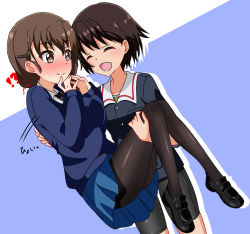 Rule 34 | !?, :d, ^^^, bad id, bad pixiv id, bike shorts, black footwear, black legwear, black neckwear, black shorts, blue jacket, blue skirt, blue sweater, blush, braid, brown eyes, brown hair, carrying, closed eyes, commentary, dress shirt, dutch angle, girls und panzer, green shirt, hair ornament, hair over shoulder, hairclip, highres, isobe noriko, jacket, legs, loafers, long hair, long sleeves, military, military uniform, miniskirt, motion lines, necktie, ooarai military uniform, open mouth, own hands together, pantyhose, pleated skirt, princess carry, rukuriri (girls und panzer), school uniform, shirt, shoes, short hair, shorts, silhouette, single braid, skirt, sleeves rolled up, smile, st. gloriana&#039;s school uniform, standing, sweater, tanutika, uniform, v-neck, white shirt, wing collar