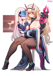 Rule 34 | absurdres, armor, bare shoulders, black panties, blue gloves, blue thighhighs, bracelet, breasts, breasts out, bridal gauntlets, carrying, chain, clothes pull, cocktail glass, cup, detached sleeves, dress pull, drinking glass, earrings, elbow gloves, barghest (fate), barghest (second ascension) (fate), melusine (fate), melusine (first ascension) (fate), fate/grand order, fate (series), food, fruit, gloves, grabbing, grabbing another&#039;s breast, grey eyes, high heels, highres, jewelry, large breasts, lemon, long hair, looking at another, mask, nail polish, navel, necklace, ninai, nipples, panties, pantyhose, pauldrons, pelvic curtain, pink hair, pointy ears, princess carry, revealing clothes, shoulder armor, sidelocks, single pauldron, sitting, small breasts, stool, thigh strap, thighhighs, thighs, tiara, underwear, veil, white hair