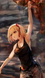 Rule 34 | 1girl, :o, armpits, bare arms, bare shoulders, belt, black pants, black tank top, blonde hair, blunt bangs, bob cut, breasts, cleavage, cliff, climbing, commentary, commentary request, crossed bangs, english commentary, funi mu9, hair between eyes, hair ribbon, highres, holding on, large breasts, looking to the side, lycoris recoil, medium hair, mission: impossible, mixed-language commentary, muscular, muscular female, nishikigi chisato, pants, parted lips, red eyes, red ribbon, ribbon, rock, sidelocks, sleeveless, sweat, sweatdrop, tank top, utility belt
