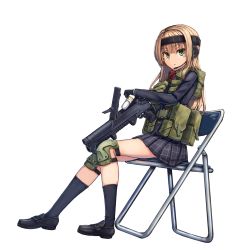 Rule 34 | 43x30mm, ammunition, bad id, bad pixiv id, blonde hair, chair, dreadtie, explosive, gloves, gm-94, green eyes, grenade, grenade cartridge, grenade launcher, headset, highres, knee pads, large-caliber cartridge, long hair, looking at viewer, low bore axis grenade launcher, miniskirt, pleated skirt, pump-action grenade launcher, pump action, simple background, skirt, solo, vest, weapon, white background