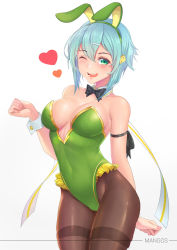 Rule 34 | 1girl, alternate breast size, animal ears, aqua eyes, aqua hair, blush, breasts, brown pantyhose, commission, covered navel, detached collar, fake animal ears, green leotard, hair ornament, hairclip, heart, leotard, looking at viewer, medium breasts, one eye closed, open mouth, pantyhose, playboy bunny, rabbit ears, shiny skin, short hair, short hair with long locks, simple background, sinon, smile, solo, standing, strapless, strapless leotard, sword art online, washout008, white background, wrist cuffs