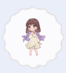 Rule 34 | +1 (yakusoku0722), 1girl, brown eyes, brown hair, chibi, dated, dress, hand on own chest, jacket, looking at viewer, mermaid melody pichi pichi pitch, mikaru (mermaid melody pichi pichi pitch), no shoes, purple jacket, signature, simple background