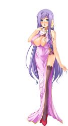 Rule 34 | 1girl, absurdres, black legwear, blue eyes, blush, breasts, china dress, chinese clothes, cleavage, cleavage cutout, clothing cutout, dress, feathers, full body, game cg, hair ornament, high heels, highres, koihime musou, kouchuu, large breasts, long hair, mature female, no bra, official art, purple hair, shin koihime musou, side slit, smile, solo, standing, transparent background, yatsuha kanan