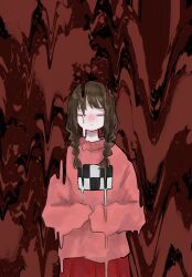 Rule 34 | 1girl, :|, abstract, black outline, blush, braid, closed mouth, cowboy shot, denkai 461, dripping, expressionless, facing viewer, hair over shoulder, hands up, highres, long hair, long sleeves, long torso, madotsuki, medium bangs, melting, no nose, nose blush, outline, pink sweater, pleated skirt, red background, red skirt, skirt, sleeves past wrists, solo, sweater, swept bangs, tall female, twin braids, twintails, yume nikki