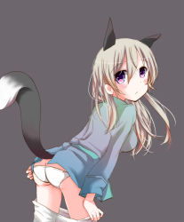 Rule 34 | 1girl, animal ears, ass, blonde hair, clothes pull, eila ilmatar juutilainen, extra ears, highres, long hair, looking at viewer, no pants, panties, pantyhose, pantyhose pull, purple eyes, solo, strike witches, suomio, tail, underwear, white panties, white pantyhose, world witches series