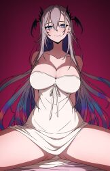 1girl absurdres areola_slip arms_behind_back bare_shoulders blue_eyes blush breasts commentary daydarion dress english_commentary gradient_hair grey_hair head_wings heart heart-shaped_pupils highres indie_virtual_youtuber large_breasts long_hair looking_at_viewer mole mole_under_mouth multicolored_hair no_panties off_shoulder pochimaru_(vtuber) red_background simple_background sitting smile solo spread_legs symbol-shaped_pupils teardrop_facial_mark virtual_youtuber white_dress wings