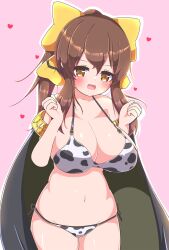 Rule 34 | 1girl, :d, animal print, asage (asgsn), bikini, bow, breasts, brown eyes, brown hair, cape, cleavage, cow print, cow print bikini, delthea (fire emblem), fang, female focus, fire emblem, fire emblem echoes: shadows of valentia, hair between eyes, hair bow, heart, large breasts, long hair, looking at viewer, navel, nintendo, open mouth, oppai loli, outline, pink background, ponytail, print bikini, shiny skin, side-tie bikini bottom, sidelocks, simple background, smile, solo, standing, stomach, swimsuit, white outline, yellow bow