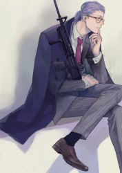 Rule 34 | 1boy, formal, glasses, gun, kuroko no basuke, male focus, murasakibara atsushi, necktie, pants, purple hair, shoes, sitting, solo, striped clothes, striped pants, suit, weapon