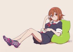 Rule 34 | 10s, 1girl, beige background, bespectacled, black serafuku, book, brown eyes, brown hair, commentary request, dated, full body, glasses, hairband, kantai collection, looking at viewer, lying, nakaaki masashi, neckerchief, on back, pillow, red-framed eyewear, sailor collar, school uniform, serafuku, shiratsuyu (kancolle), shoes, short hair, simple background, smile, sneakers, solo, twitter username
