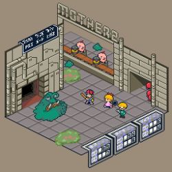 Rule 34 | 1girl, 2boys, animated, animated gif, baseball cap, blonde hair, bow, conveyor belt, diorama, doseisan, hair bow, hat, jeff andonuts, master belch, mother (game), mother 2, multiple boys, ness (mother 2), nintendo, paula (mother 2), pixel art, red bow, red headwear, wanpaku pixels