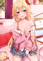 Rule 34 | 1girl, akai haato, aqua eyes, armpit crease, blonde hair, blush, bra, bra pull, breasts, cameo, clothes pull, collarbone, commentary request, haaton (akai haato), hair ornament, heart, heart-shaped pupils, heart hair ornament, highres, hololive, large breasts, light rays, long hair, looking at viewer, on bed, open mouth, pillow, pink sweater, prism m blue, red bra, sitting, skirt, solo, sunbeam, sunlight, sweat, sweater, symbol-shaped pupils, tree, underwear, virtual youtuber, wariza, window