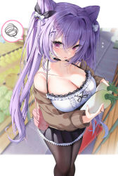 Rule 34 | 1girl, absurdres, alternate costume, arlene (ju), bare shoulders, black choker, black pantyhose, blush, breasts, choker, cleavage, collarbone, commentary request, double bun, food, from above, genshin impact, hair bun, hair ornament, highres, holding, holding food, holding vegetable, keqing (genshin impact), large breasts, long hair, long sleeves, looking at viewer, pantyhose, parted lips, purple eyes, purple hair, radish, solo, twintails, vegetable