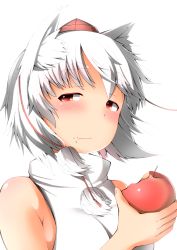 Rule 34 | 1girl, animal ears, apple, bare shoulders, blush, eating, eyebrows, fang, food, fruit, hat, highres, holding, holding food, holding fruit, inubashiri momiji, pom pom (clothes), red eyes, shishi juuroku, silver hair, simple background, solo, thick eyebrows, tokin hat, touhou, white background, wolf ears
