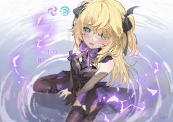 Rule 34 | 1girl, absurdres, black pantyhose, black thighhighs, blonde hair, blurry, depth of field, electricity, fischl (genshin impact), fishnets, garter straps, genshin impact, gloves, green eyes, hair ribbon, hair wings, highres, long hair, looking at viewer, no eyepatch, open mouth, pantyhose, ribbon, ripples, single glove, single leg pantyhose, single thighhigh, sitting, sitting on water, solo, tears, thighhighs, twitter username, two side up, water, yukiri (l ii)