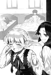 Rule 34 | 1boy, 4girls, arisa (death march), blush, braid, closed eyes, collared shirt, crown braid, crying, death march kara hajimaru isekai kyousoukyoku, floating hair, greyscale, grin, hair intakes, highres, long hair, long sleeves, lulu (death march), lying, martha (death march), monochrome, multiple girls, neck ribbon, novel illustration, official art, on bed, on side, ribbon, shirt, short sleeves, shri, side braid, sleeping, smile, suzuki ichirou (death march), tears, topless, under covers, wavy mouth, wing collar, zena marientail