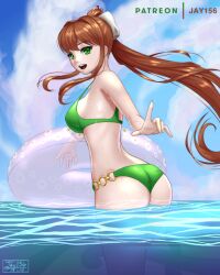 ass bikini bow brown_hair doki_doki_literature_club green_eyes hair_bow holding holding_swim_ring innertube jay156 long_hair monika_(doki_doki_literature_club) o-ring o-ring_bikini patreon_username smile swim_ring swimsuit tentacles very_long_hair water wet