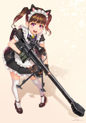 Rule 34 | 1girl, animal ears, anti-materiel rifle, bell, bipod, brown hair, cat ears, gloves, gun, holding, holding gun, holding weapon, jingle bell, kws, maid, maid headdress, original, pink eyes, rifle, simple background, sniper rifle, solo, thighhighs, twintails, weapon, white thighhighs