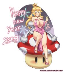 Rule 34 | 1girl, alcohol, areola slip, artist name, blonde hair, blue eyes, blush, breasts, cleavage, covered erect nipples, dress, feet, glass, happy new year, heels, highres, huge breasts, legs, long hair, lr04ch, mario (series), naughty face, new year, nintendo, princess, princess peach, second-party source, sitting, smile, super mario bros. 1, super mushroom, thick thighs, thighs, tongue, tongue out