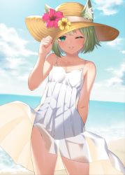 Rule 34 | 1girl, animal ear fluff, animal ears, bare shoulders, beach, blue sky, breasts, cloud, collarbone, day, dress, flower, fox ears, green eyes, green hair, hand on headwear, hand up, hat, hat flower, hibiscus, lips, looking at viewer, ocean, one eye closed, outdoors, parted lips, red flower, saruchitan, short hair, sky, sleeveless, sleeveless dress, small breasts, smile, solo, standing, sun hat, sundress, vrchat, white dress, yellow flower