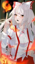 Rule 34 | 1girl, bow, fire, fujiwara no mokou, hair bow, hair ornament, hand in pocket, highres, index finger raised, long hair, long sleeves, nuts syake, open mouth, overalls, red eyes, red overalls, shirt, solo, touhou, white hair, white shirt
