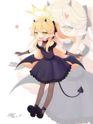 Rule 34 | 1girl, black dress, black footwear, black gloves, black horns, black pantyhose, black tail, black wings, blonde hair, blue archive, blush, commentary, dated, demon horns, demon tail, demon wings, dofus (icyboon), dress, full body, gloves, halo, highres, horns, ibuki (blue archive), ibuki (dress) (blue archive), long hair, official alternate costume, open mouth, pantyhose, pointy ears, shoes, side ponytail, signature, simple background, smile, solo, tail, white background, wings, yellow eyes, yellow halo, zoom layer