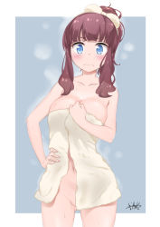 Rule 34 | 10s, 1girl, blue eyes, blunt bangs, blush, breasts, brown hair, cleavage, cowboy shot, embarrassed, frown, hand on own hip, large breasts, murio, naked towel, navel, new game!, solo, standing, takimoto hifumi, thighs, towel, wavy mouth, white background