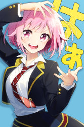 Rule 34 | 1girl, :d, arm up, bad hands, black jacket, black skirt, blazer, blue background, collared shirt, commentary request, diagonal-striped clothes, diagonal-striped necktie, highres, jacket, long sleeves, looking at viewer, necktie, ootori emu, open clothes, open jacket, open mouth, pink hair, project sekai, purple eyes, red necktie, sakuragi ren, school uniform, shirt, simple background, skirt, smile, solo, striped clothes, teeth, text background, translation request, upper teeth only, v-shaped eyebrows, white shirt