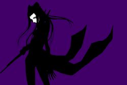 Rule 34 | 1girl, blame!, from behind, long hair, looking back, monochrome, pcell, purple theme, silhouette, simple background, solo, sword, weapon