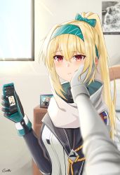 Rule 34 | 1girl, blonde hair, gamryous, girls&#039; frontline, gloves, hairband, hand on another&#039;s face, highres, holding, holding phone, long hair, looking at viewer, phone, ponytail, red eyes, scarf, smile, solo, sv-98 (girls&#039; frontline), sv-98 (mod3) (girls&#039; frontline), turtleneck, white scarf