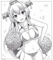 Rule 34 | 1girl, breasts, cheerleader, cherry blossoms, cleavage, clothes lift, commentary request, cowboy shot, flower, h2 (h20000000), hair flower, hair ornament, hand on own hip, headgear, kantai collection, large breasts, long hair, looking at viewer, pleated skirt, pom pom (cheerleading), ponytail, shirt lift, skirt, solo, yamato (kancolle)