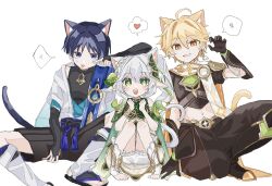 Rule 34 | 1girl, 2boys, 34twin22, aether (genshin impact), ahoge, akanbe, animal ear fluff, animal ears, arm armor, arm on another&#039;s head, black gloves, black hakama, blonde hair, bloomers, blue vest, blunt ends, bridal gauntlets, cape, cat ears, cat tail, claw pose, clenched hands, clenched teeth, cross-shaped pupils, earrings, eyelid pull, full body, genshin impact, gloves, gradient hair, green cape, green hair, hair ornament, hakama, hakama shorts, hand up, hands up, heart, highres, japanese clothes, jewelry, kemonomimi mode, leaf hair ornament, leaning on person, long hair, looking at viewer, mandarin collar, multicolored hair, multiple boys, nahida (genshin impact), open clothes, open vest, parted lips, pointy ears, scaramouche (genshin impact), scarf, shorts, side ponytail, simple background, single earring, sitting, spoken heart, squatting, stirrup footwear, symbol-shaped pupils, tail, teeth, toeless footwear, toeless legwear, toes, tongue, tongue out, translation request, two-tone vest, underwear, vest, vision (genshin impact), wanderer (genshin impact), white background, white bloomers, white hair, white scarf, yellow eyes