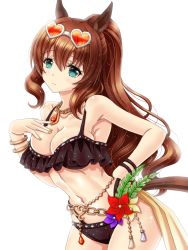 Rule 34 | 1girl, amou yuu, animal ears, armpits, bikini, black bikini, blush, breasts, brown hair, cleavage, collarbone, commentary request, eyewear on head, frilled bikini, frills, glasses, green eyes, hair between eyes, highres, horse ears, horse girl, horse tail, jewelry, light particles, long hair, looking at viewer, maruzensky (blasting off summer night) (umamusume), maruzensky (umamusume), medium breasts, nail polish, navel, necklace, official alternate costume, ponytail, sidelocks, simple background, smile, solo, swimsuit, tail, umamusume, white background