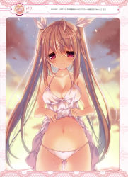 Rule 34 | 1girl, absurdres, artist name, breasts, brown hair, cleavage, clothes lift, collarbone, dress, dress lift, hair ribbon, highres, long hair, looking at viewer, medium breasts, navel, original, p19, panties, red eyes, ribbon, smile, solo, twintails, underwear, wet, wet clothes, wet dress, white dress, white panties, white ribbon
