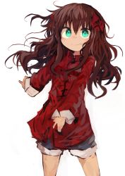 Rule 34 | 1girl, absurdres, arima miyako, bow, brown hair, chinese clothes, closed mouth, commentary, denim, denim shorts, fang, fang out, green eyes, hair bow, hair ornament, hair ribbon, highres, kaamin (mariarose753), long hair, long sleeves, melty blood, messy hair, ribbon, shorts, simple background, smile, tangzhuang, tsukihime, white background