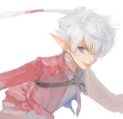 Rule 34 | 1girl, alisaie leveilleur, bad id, bad twitter id, blue eyes, chest belt, collared jacket, earrings, elezen, elf, final fantasy, final fantasy xiv, grey shirt, hair over one eye, hair ribbon, highres, jacket, jewelry, koulin ff14, long hair, looking at viewer, one eye covered, pointy ears, ponytail, red jacket, ribbon, shirt, simple background, smile, solo, upper body, white background, white hair